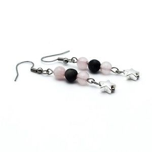 Rose Quartz Black Striped Agate Chakra Gemstone Star Dangle Earrings Handmade